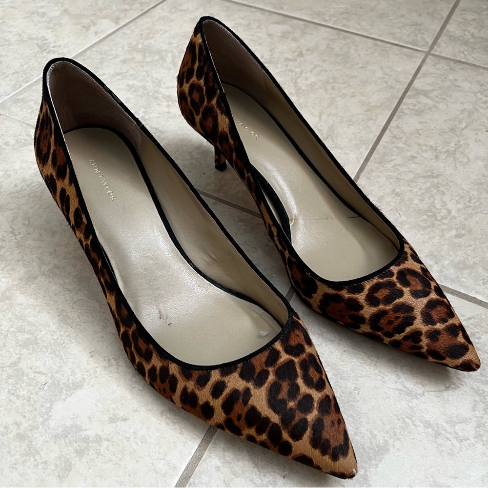 Ann Taylor Leopard Calf Hair Pointed Kitten Heels Brown/Black